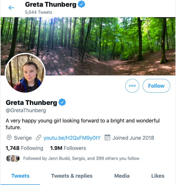 Greta Thunberg's Twitter page. (Photo: Twitter screenshot)