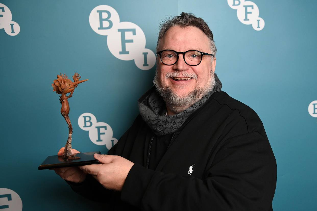 LONDON, ENGLAND - JANUARY 27: Guillermo del Toro poses with 'Pinocchio' puppet ahead of the 'Guillermo del Toro in Conversation: Animation for All' at BFI Southbank on January 27, 2023 in London, England. (Photo by Eamonn M. McCormack/Getty Images)