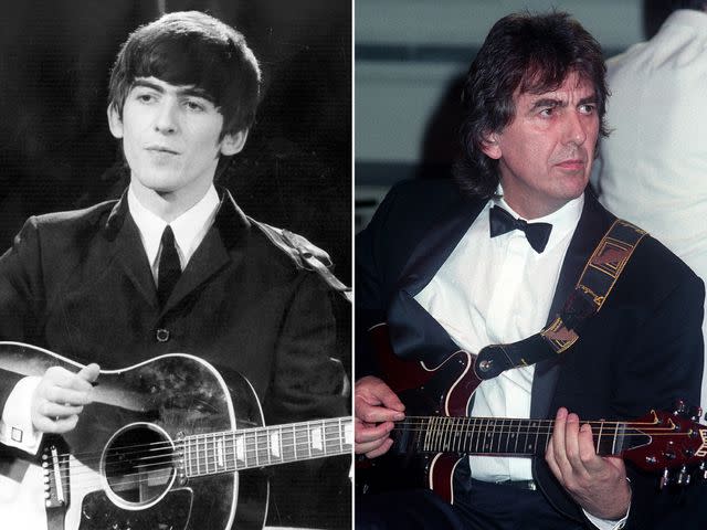 <p>Fox Photos/Getty ; Tom Wargacki/WireImage</p> Left: George Harrison performing during a live concert. Right: George Harrison attends the 'Water Rats' Ball held at the Grosvenor House Hotel on Dec. 7, 1992 in London.