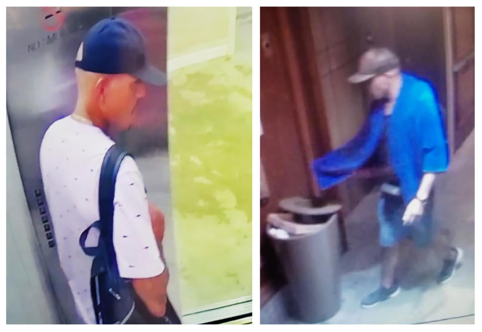 This combination of images made from surveillance video provided by the Honolulu Police Department shows a man seen at Alohilani hotel on Sunday, Aug. 4, 2019, left, and at Hilton Hawaiian Grand Waikikian on Tuesday, Aug. 6, near Waikiki Beach in Hawaii. CrimeStoppers and the Honolulu Police Department are seeking the public's assistance in identifying the man as Hawaii authorities were investigating three fires that were intentionally set in the resort hotels and at Waikiki Beachcomber over the past few days, officials said Wednesday. (Honolulu Police Department via AP)