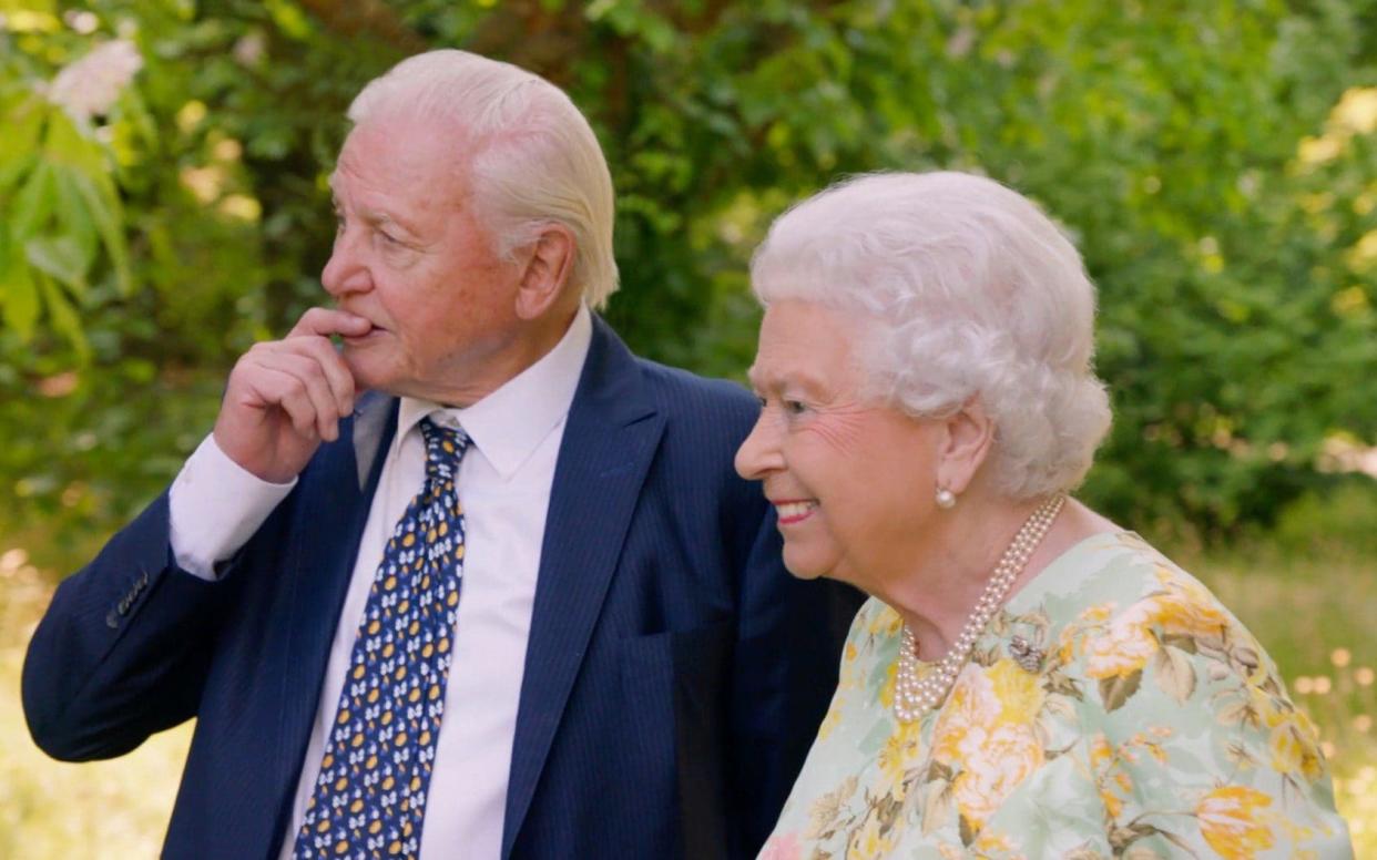 David Attenborough and the Queen wander Buckingham Palace gardens - Television Stills