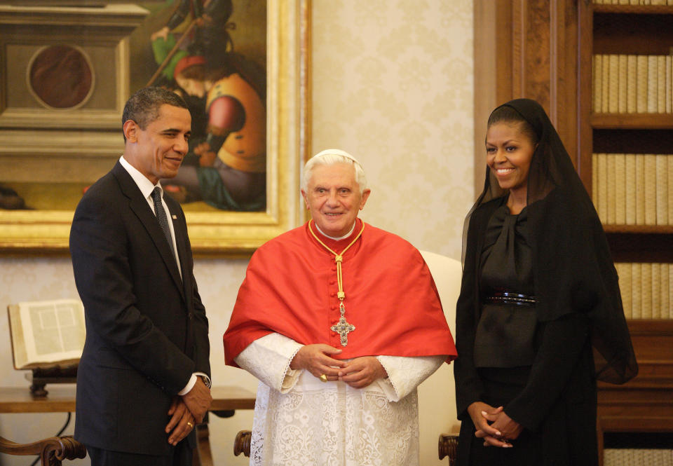 <a href="http://www.huffingtonpost.com/topic/michelle-obama">Michelle Obama</a>'s first papal meeting occurred with Pope Benedict XVI&nbsp;in 2009 (she and her husband also later met Pope Francis). She followed tradition in black.