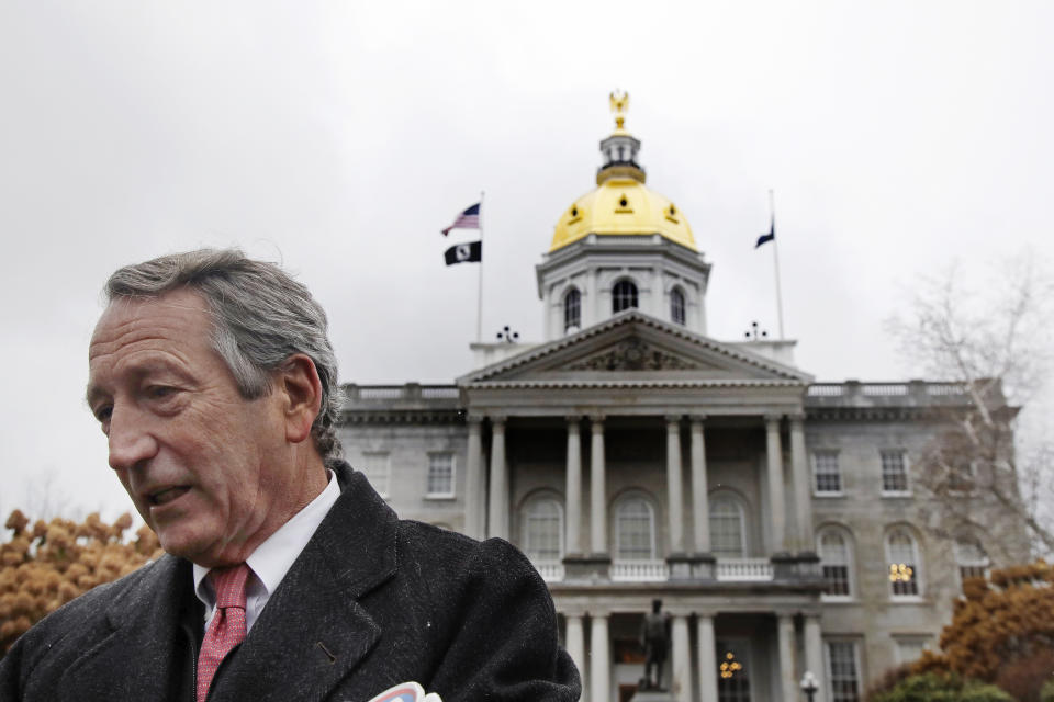 Republican presidential candidate former South Carolina Gov. Mark Sanford speaks during a news conference in front of the Statehouse, Tuesday, Nov. 12, 2019, in Concord, N.H., where he announced he is ending his longshot 2020 presidential bid. Sanford centered his Republican primary challenge to President Donald Trump on warnings about the national debt. But he struggled to gain traction since announcing his run in September. (AP Photo/Elise Amendola)