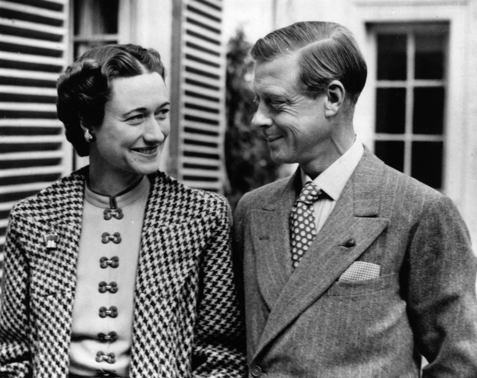 The Duke (1894 - 1972) and Duchess (1896 - 1986) of Windsor in England after an absence of nearly three years, in the garden of Major Edward Dudley Metcalfe's country house, Coleman's Hatch, Ashdown Forest, Sussex.     (Photo by Hulton Archive/Getty Images)