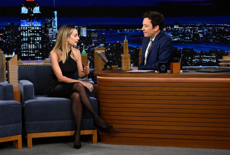 Actress Nicole Richie, at left, and Jimmy Fallon during an interview on Tuesday, April 9, 2024