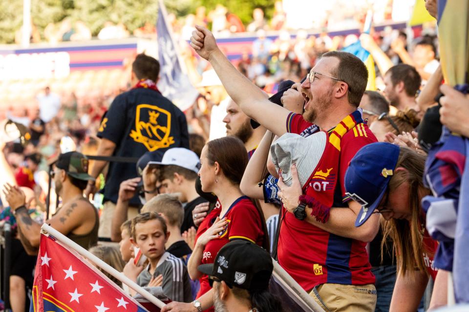 Real Salt Lake fans cheer on their team as they enter the field before the Real Salt Lake vs. Orlando City soccer match at the America First Field in Sandy on Saturday, July 8, 2023. | Megan Nielsen, Deseret News