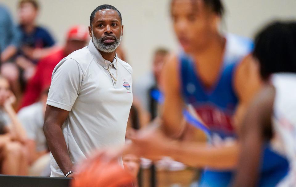 Indiana All-Star head coach Don Carlisle watches the game from the sidelines Wednesday, June 7, 2023, during the Indiana All-Stars vs. Juniors boys game at Cathedral High School in Indianapolis. 