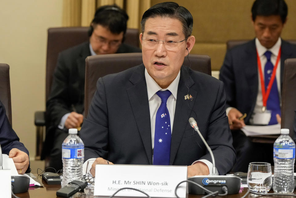 South Korea's National Defense Minister Shin Won-sik speaks during an Australia and South Korea Foreign and Defence Ministers meeting in Melbourne, Australia, Wednesday, May 1, 2024. (Asanka Brendon Ratnayake/Pool Photo via AP)