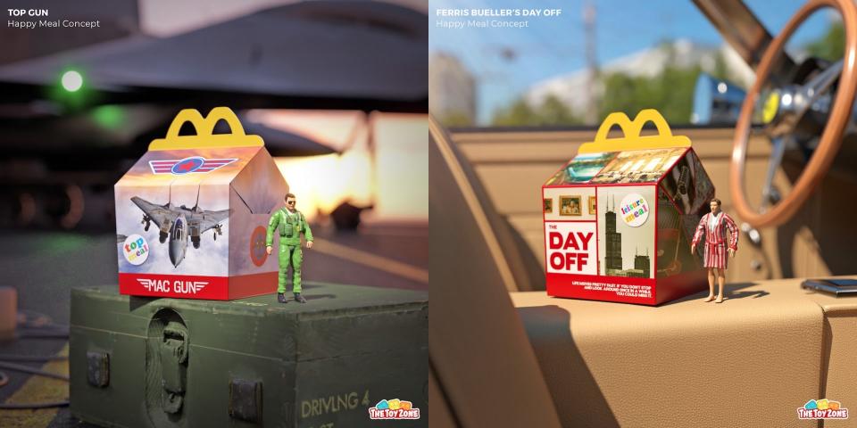 Fake Happy Meal boxes and toys for Top Gun and Ferris Buehler's Day Off