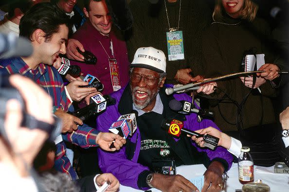 CLEVELAND, OH - February 7: Bill Russell speaks with the media during the NBA at 50 Event on February 7, 1997 as a part of NBA All-Star Weekend 1997 at the Gund Arena in Cleveland, Ohio. NOTE TO USER: User expressly acknowledges and agrees that, by downloading and/or using this photograph, user is consenting to the terms and conditions of the Getty Images License Agreement. Mandatory Copyright Notice: Copyright 1997 NBAE (Photo by Fernando Medina/NBAE via Getty Images)