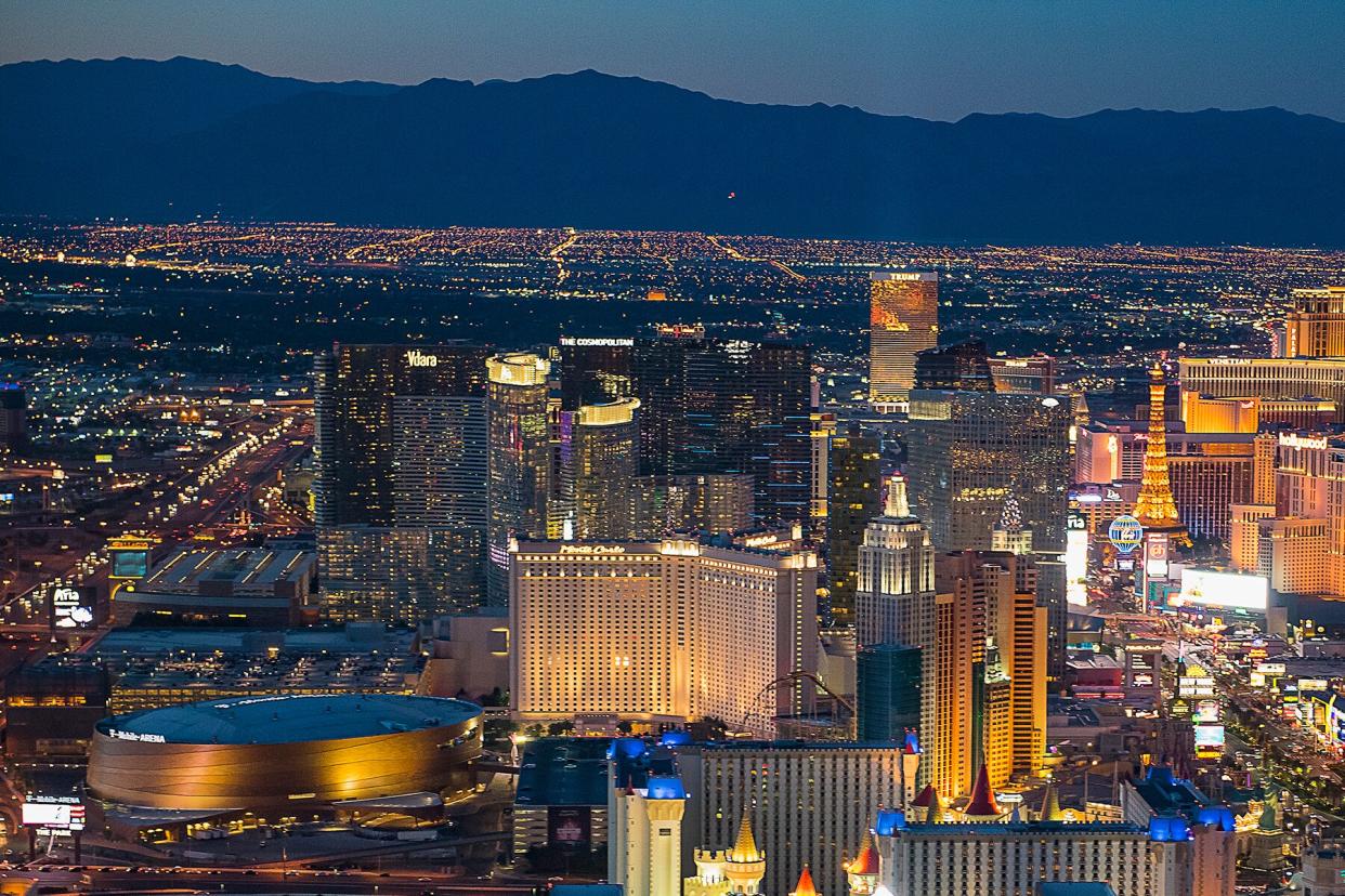 Aerial view of illuminated cityscape, Las Vegas, Nevada, United States,