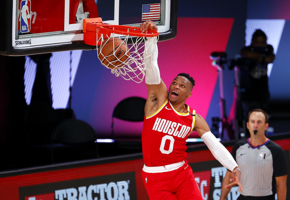 Russell Westbrook dunks a basketball with authority.