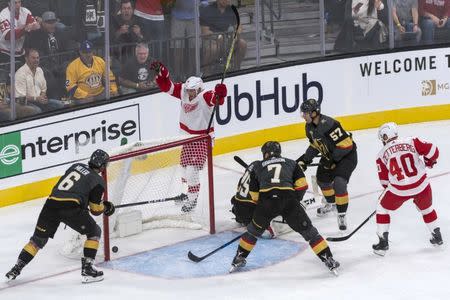 Oct 13, 2017; Las Vegas, NV, USA; Detroit Red Wings right wing Gustav Nyquist (14) reacts after scoring on Vegas Golden Knights defenseman Jason Garrison (7) during the third period at T-Mobile Arena. Detroit won 6-3. Mandatory Credit: Joshua Dahl-USA TODAY Sports