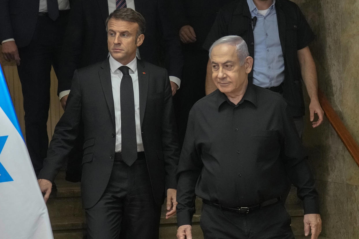 Photo d’illustration prise le 24 octobre 2023 en marge d’une conférence de presse à Jérusalem d’Emmanuel Macron et Benjamin Netanyahu