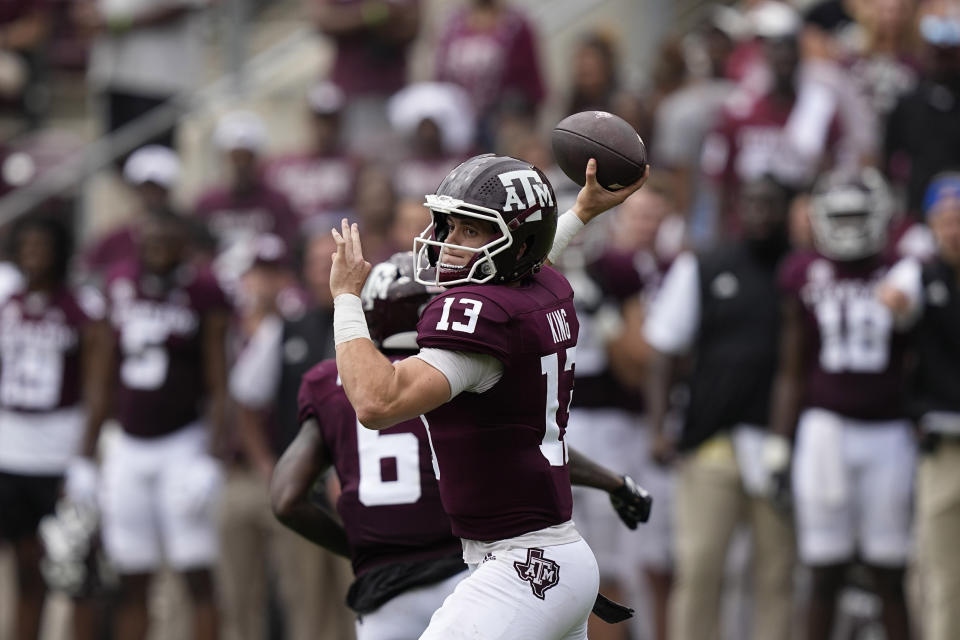 Texas A&M quarterback Haynes King (13) throws a pass against Sam Houston State during the first half of an NCAA college football game Saturday, Sept. 3, 2022, in College Station, Texas. (AP Photo/David J. Phillip)
