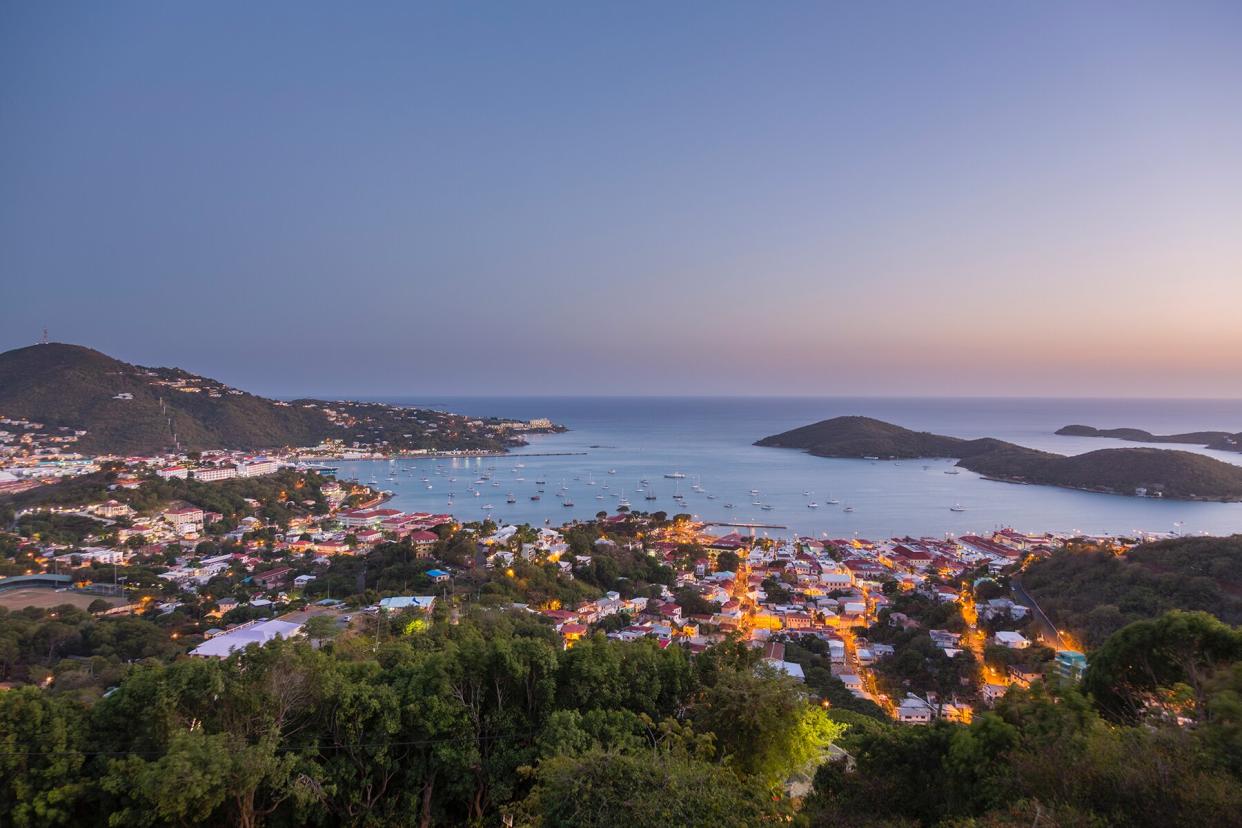 Sunset over the harbor of Charlotte Amalie in St Thomas in US Virgin Islands