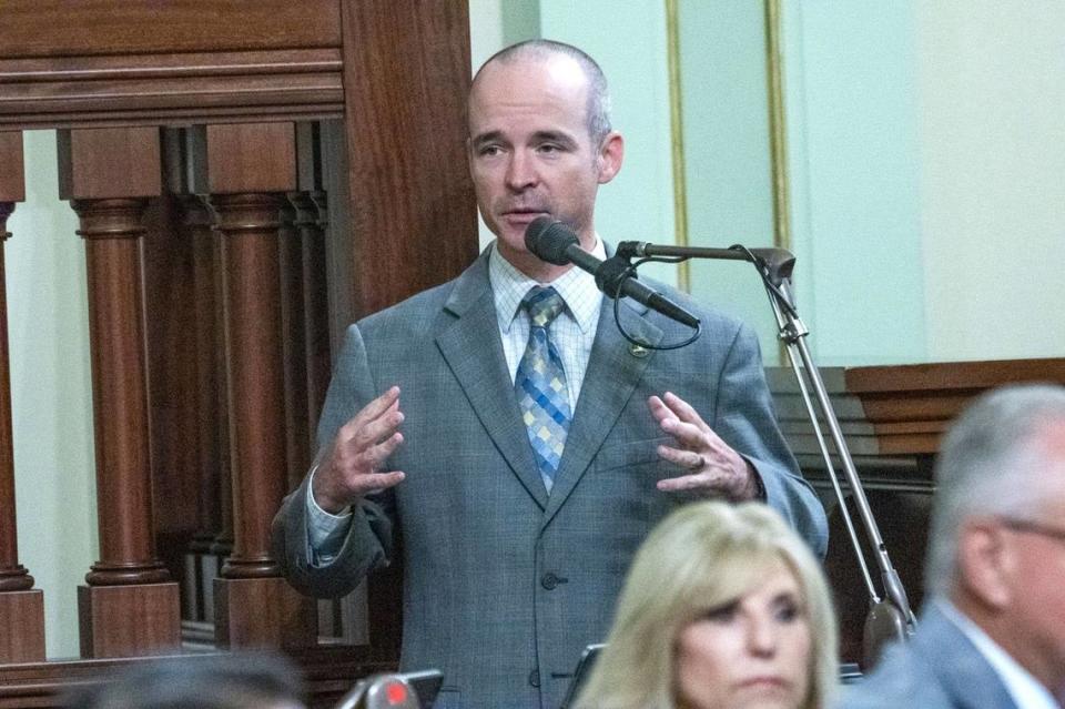 Assemblyman Joe Patterson, R-Rocklin, speaks about a bill during a session on June 1. A bill by Patterson to expand three strikes to other felonies failed to pass the Assembly committee.