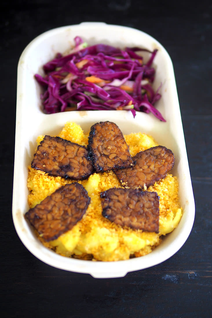 The mac and cheese uses a sauce made from cashew cream tinged yellow from turmeric