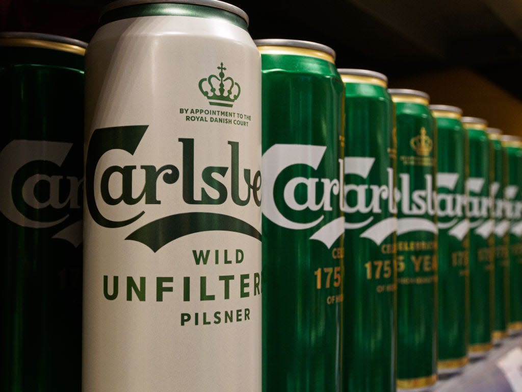 Carlsberg beer cans seen on a supermarket shelf in Moscow, Russia.