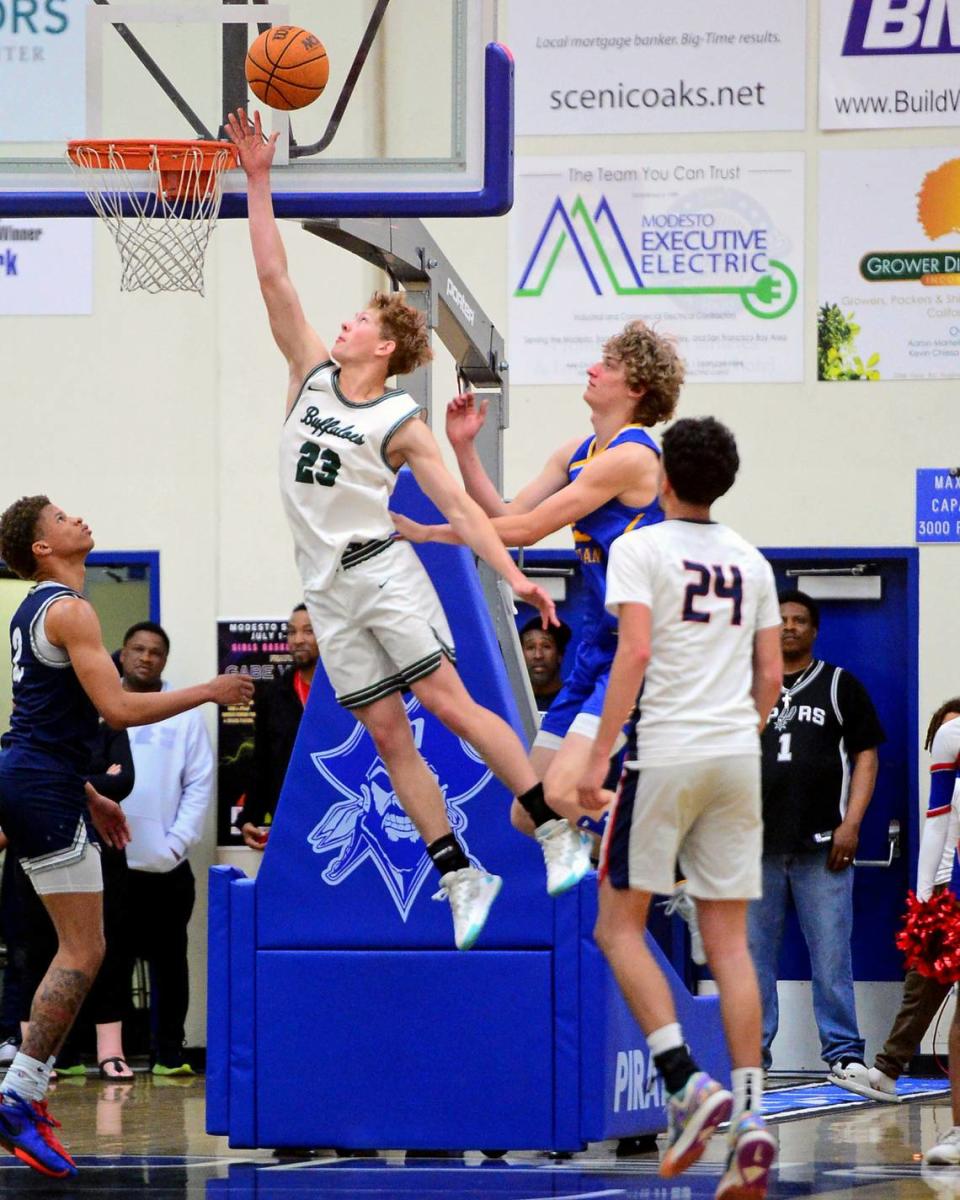 Mantecas Peyton Nieman (23) goes up for a layup during the 27th Annual Six County All Star Senior Basketball Classic Boys game at Modesto Junior College in Modesto California on April 27, 2024. The Red team beat the Blue team 81-79.