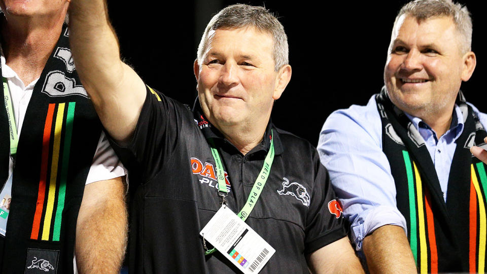 Royce Simmons, pictured here acknowledging the crowd during the Penrith Panthers' clash with Canberra Raiders in April, 2021.