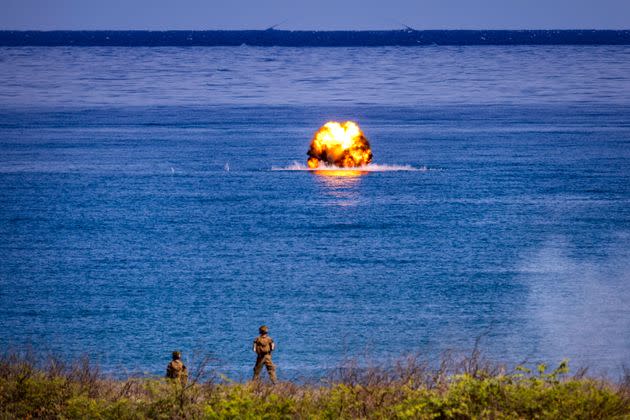 A missile hits a target at sea amid U.S.-Philippines joint military exercises on May 6, 2024, in Laoag, Philippines. The Philippines and the U.S. initiated drills extending beyond the Philippines' territorial sea and into the contentious South China Sea after the Philippines accused China of attacking its ships near the disputed Scarborough Shoal.