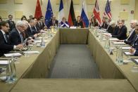 Representatives of European and world powers pictured prior to meeting to pin down a nuclear deal with Iran, at the Beau Rivage Palace Hotel in Lausanne on March 30, 2015