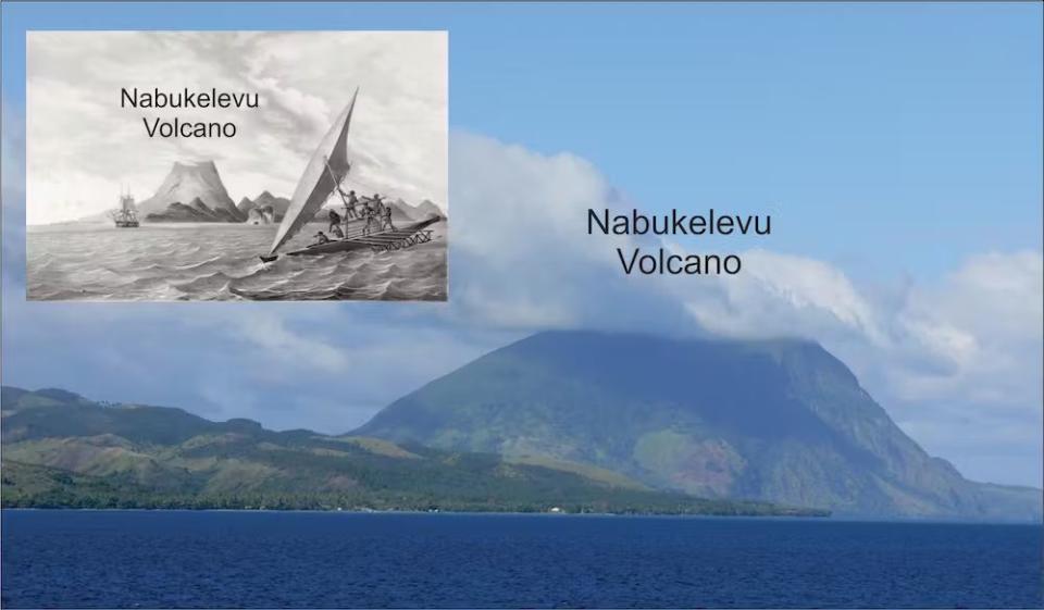 El volcán Nabukelevu visto desde el noreste en la actualidad | En el recuadro: Nabukelevu desde el oeste en 1827 según los dibujos de la expedición de Dumont d'Urville a bordo del Astrolabe . | Wikimedia Commons, The Conversation, Museo Marítimo Nacional de Australia , CC BY-SA