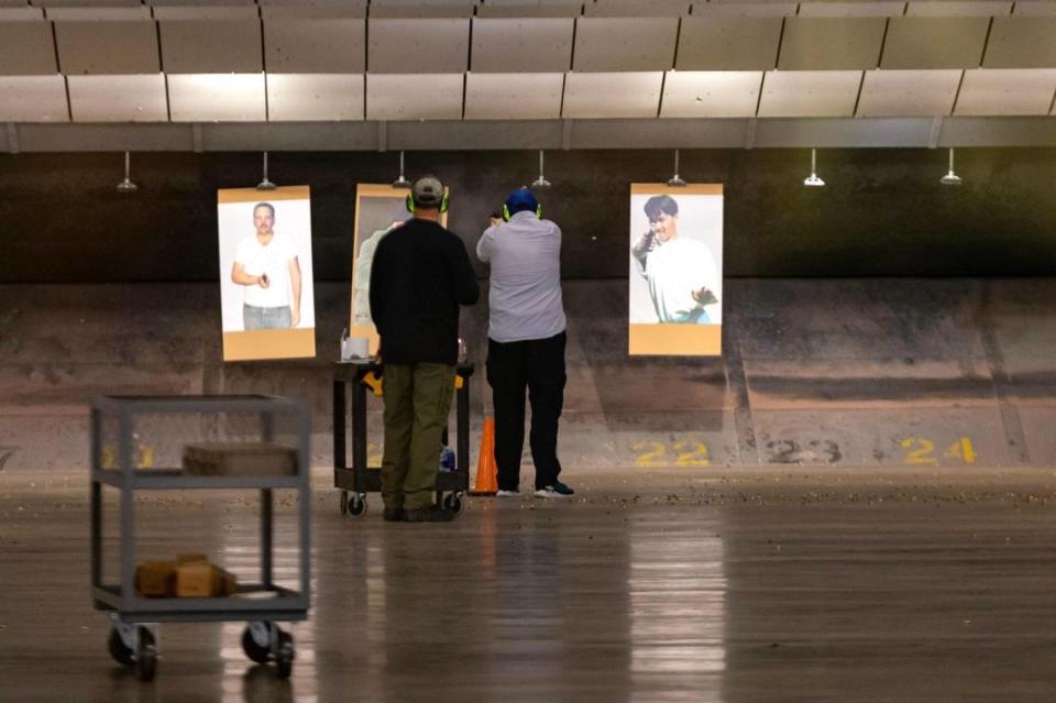 Recruits practice at the gun range within the Bob Bolen Public Safety Complex in Fort Worth on March 29.