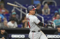 Washington Nationals' Ildemaro Vargas follows through on an RBI single to score Joey Meneses during the seventh inning of a baseball game against the Miami Marlins, Monday, April 29, 2024, in Miami. (AP Photo/Lynne Sladky)