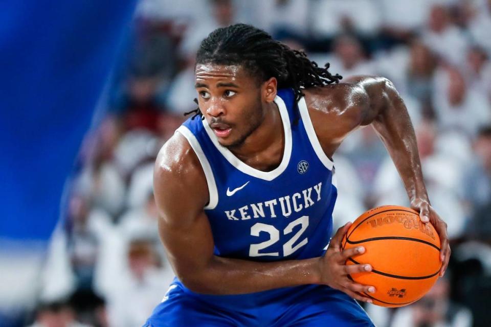 Kentucky guard Cason Wallace dribbles the ball against Mississippi State during a game at Humphrey Coliseum in Starkville, Miss., on Feb. 15.