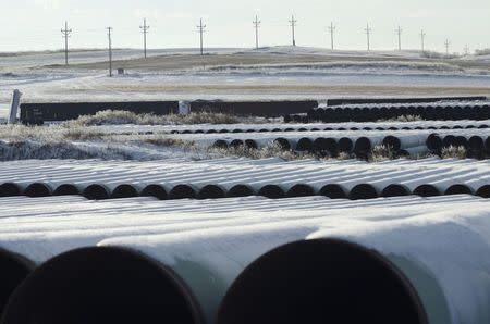 A depot used to store pipes for Transcanada Corp's planned Keystone XL oil pipeline is seen in Gascoyne, North Dakota, in this file photo taken November 14, 2014. REUTERS/Andrew Cullen/Files
