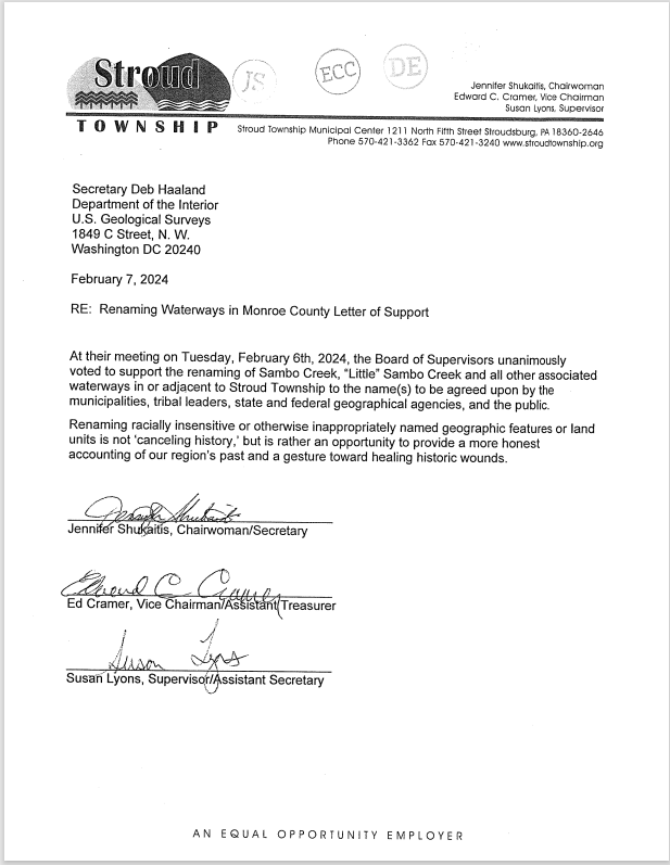 A letter from the Stroud Township Board of Supervisors to Interior Secretary Deb Haaland in support of renaming Sambo Creek.