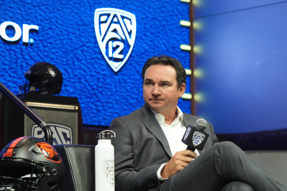 Jul 21, 2023; Las Vegas, NV, USA; Oregon State Beavers coach Jonathan Smith speaks during Pac-12 Media Day at Resorts World Las Vegas. mandatory Credit: Kirby Lee-USA TODAY Sports