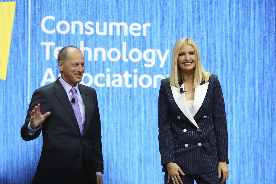 Ivanka Trump, right, the daughter and senior adviser to U.S. President Donald Trump, smiles at the crowd after being interviewed by Gary Shapiro, left, CEO of the Consumer Technology Association, during the CES tech show Tuesday, Jan. 7, 2020, in Las Vegas. (AP Photo/Ross D. Franklin)