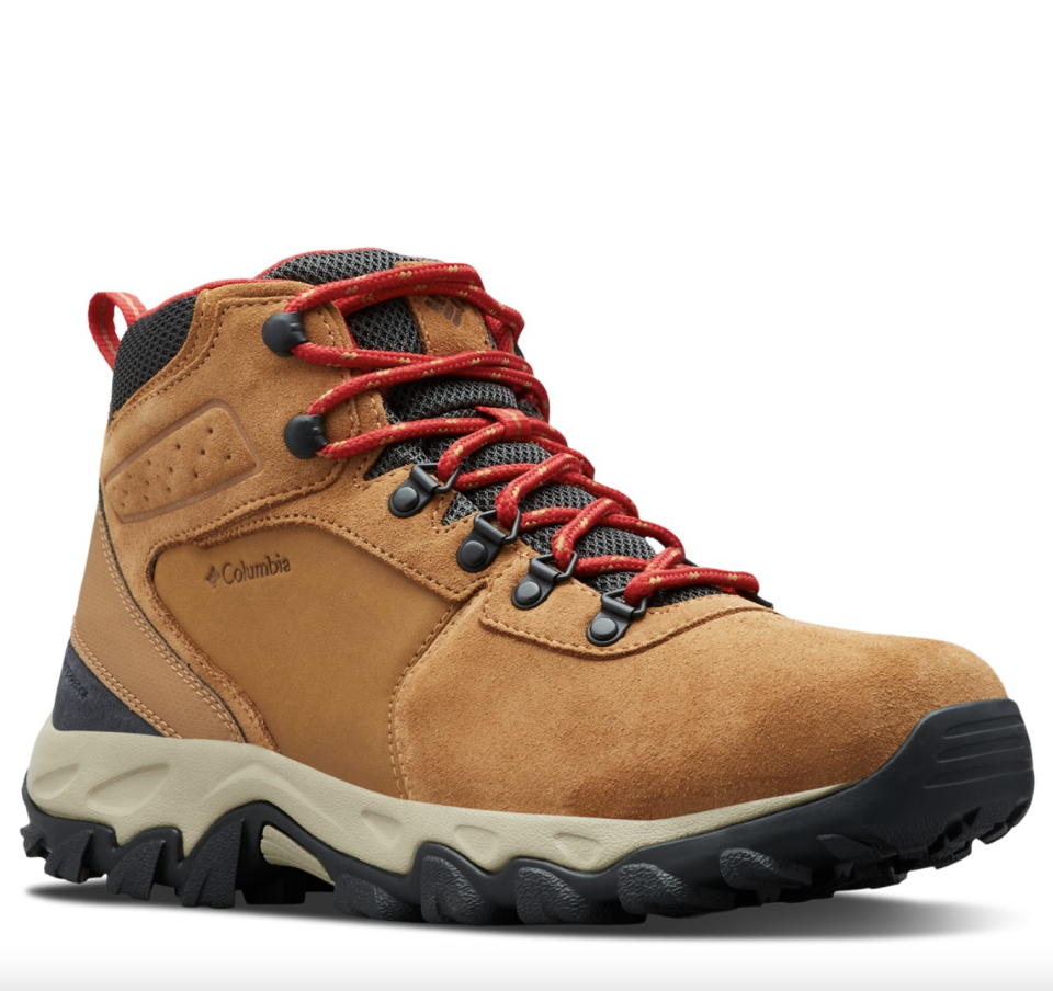 Columbia Newton Ridge II Plus Suede Waterproof Hiking Boot in brown suede with red laces (Photo via DSW)