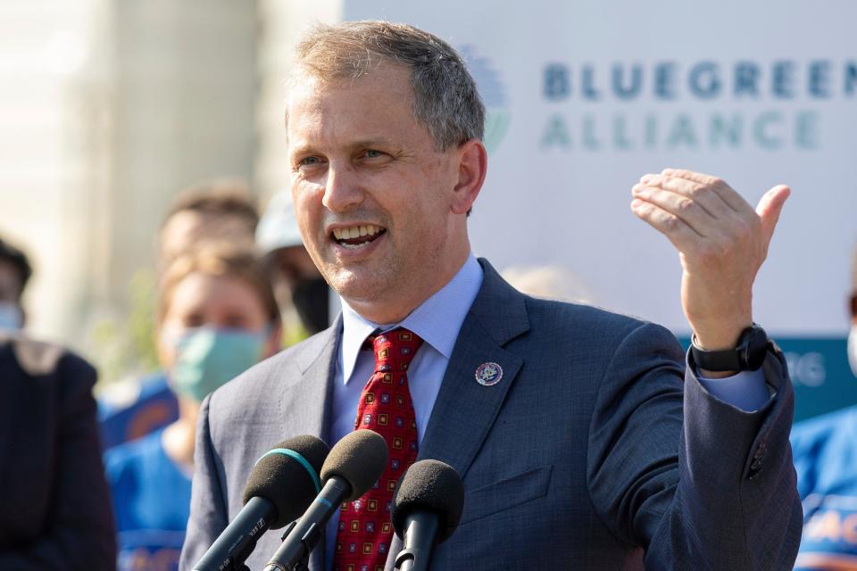 FILE - In this Aug. 23, 2021 file photo, Rep. Sean Casten, D-Ill., speaks during a news conference on Capitol Hill in Washington. Democratic incumbents, Reps. Sean Casten and Marie Newman, are facing off for a Chicago-area seat in the Democratic primary Tuesday, June 28.