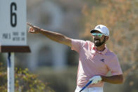 Sergio Garcia points after his tee shot on the sixth hole in the second round of the Dell Technologies Match Play Championship golf tournament, Thursday, March 24, 2022, in Austin, Texas. (AP Photo/Tony Gutierrez)