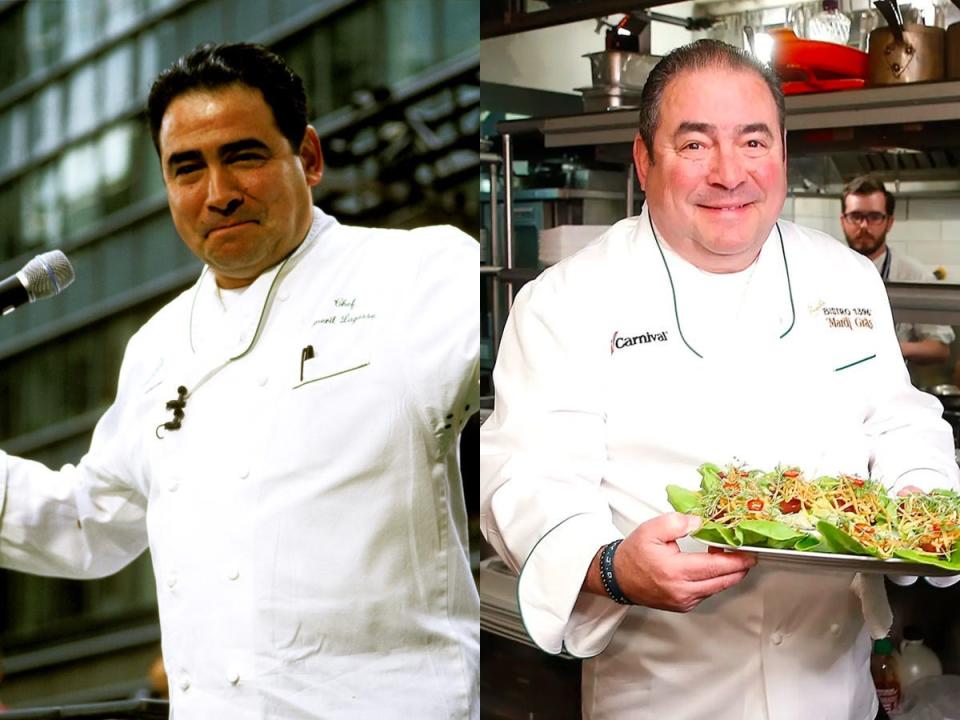 On the left, Emeril Lagasse in white chef uniform in front of mic. On the right, him in a white chef outfit while holding a plate.