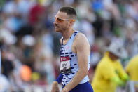 Clayton Murphy reacts after taking third place in the men's 800 meters final during the U.S. track and field championships in Eugene, Ore., Sunday, July 9, 2023. (AP Photo/Ashley Landis)