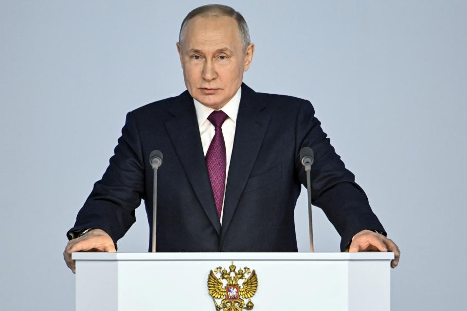 Russian President Vladimir Putin gives his annual state of the nation address in Moscow, Russia, Tuesday, Feb. 21, 2023. (Pavel Bednyakov, Sputnik, Kremlin Pool Photo via AP)