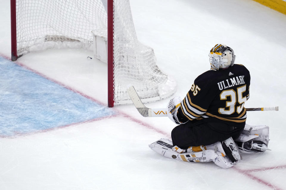 Boston Bruins goaltender Linus Ullmark kneels after giving up an overtime goal to Edmonton Oilers center Leon Draisaitl during an NHL hockey game Tuesday, March 5, 2024, in Boston. The Oilers won 2-1. (AP Photo/Charles Krupa)