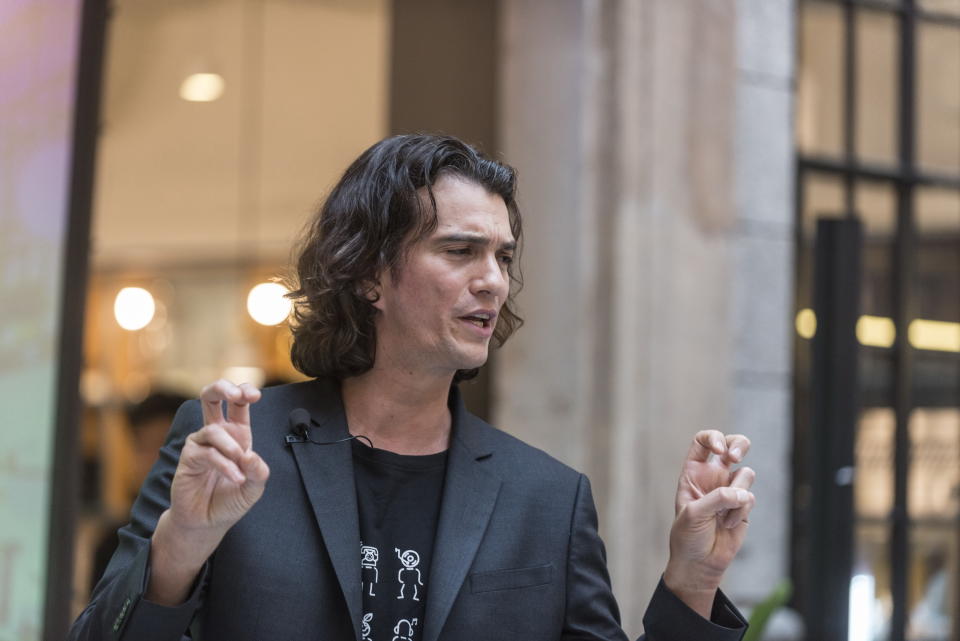 SHANGHAI, CHINA - APRIL 12:  Adam Neumann, co-founder and chief executive officer of WeWork, speaks during a signing ceremony at WeWork Weihai Road flagship on April 12, 2018 in Shanghai, China. World's leading co-working space company WeWork will acquire China-based rival naked Hub for 400 million U.S. dollars.  (Photo by Jackal Pan/Visual China Group via Getty Images)