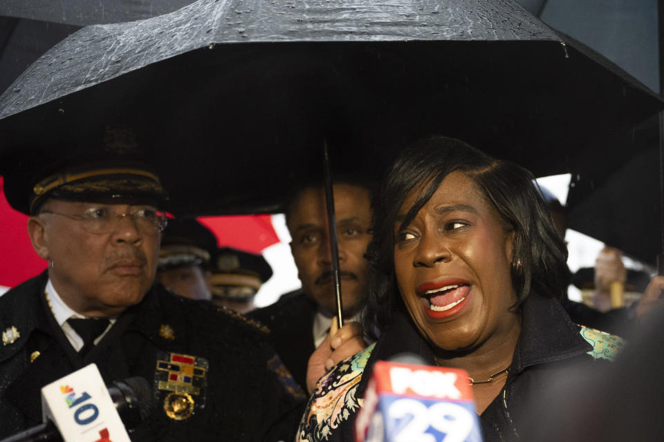 Philadelphia Mayor Cherelle Parker speaks with the media following a shooting in Northeast Philadelphia on Wednesday, March 6, 2024. Four shootings over four days in Philadelphia left three dead and 12 injured, many of them children — violence that put renewed focus on safety within the sprawling mass transit system and gave ammunition to critics of the city's progressive chief prosecutor. / Credit: Joe Lamberti / AP