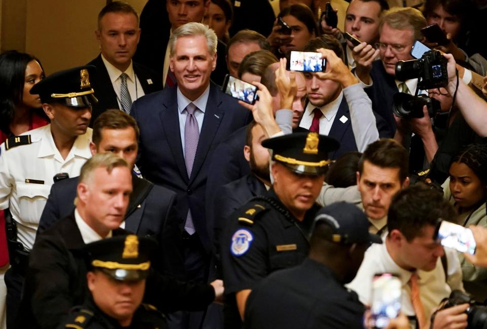 Speaker of the House Kevin McCarthy, R-Calif., walking from chambers after being voted out as Speaker of the House on Tuesday, October 3, 2023, on Capitol Hill in Washington.