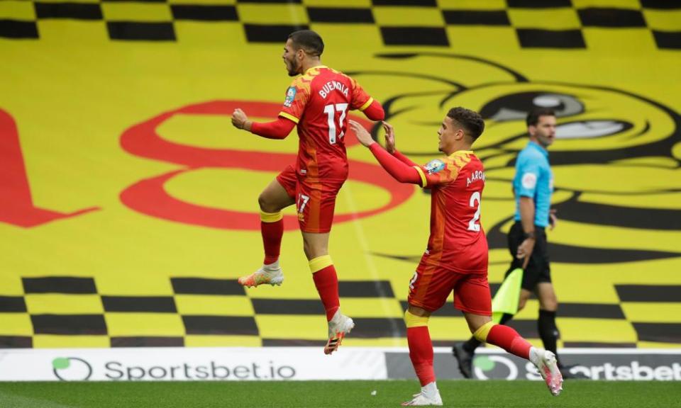 Emi Buendía celebrates his early goal for Norwich.