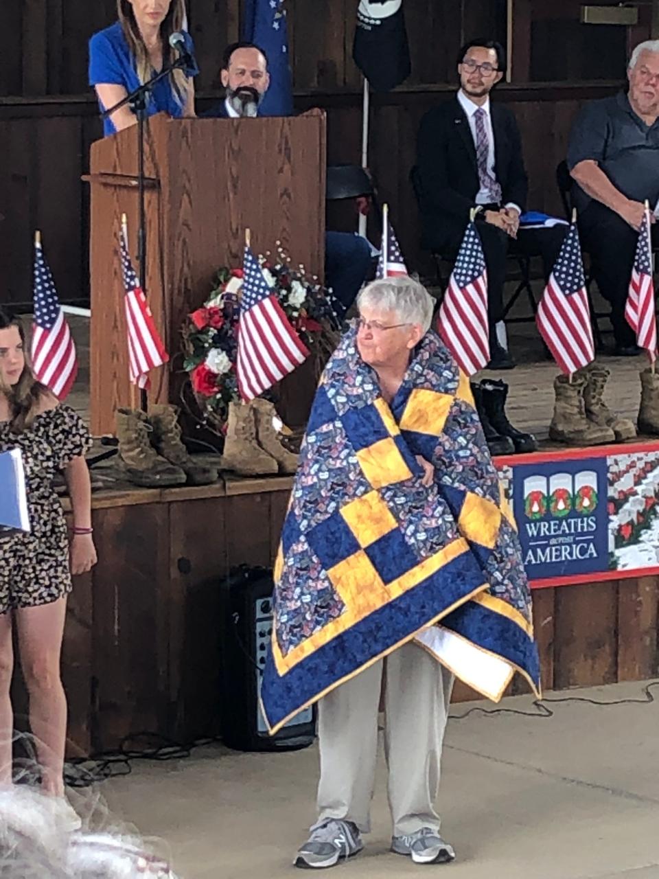 Marilyn Childress, president of Veterans Heritage Site Foundation, was one of three women vets honored with a Quilt of Valor at an Honoring Our Veterans event at the Great Smoky Mountain Heritage Center in June.