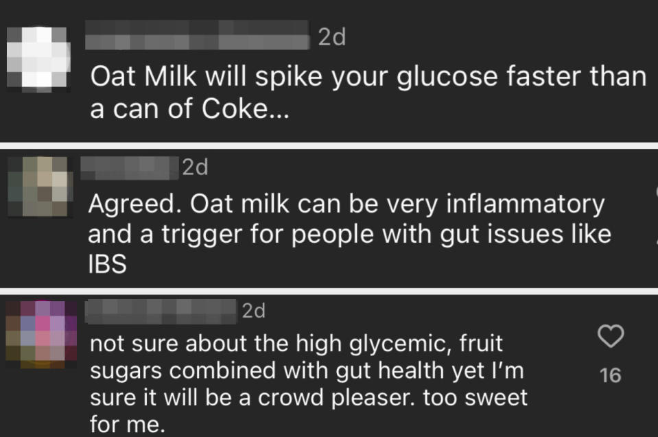 Comments from the Erewhon Instagram page talk about how some ingredients in the smoothie are not gut-friendly