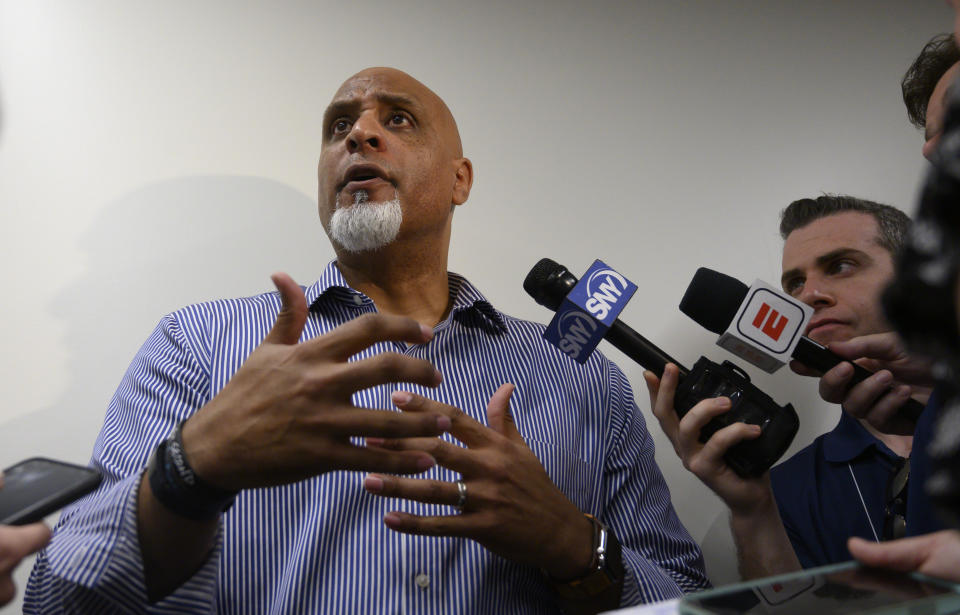 Port St. Lucie, Florida: Executive Director of the Major League Baseball Players Association Tony Clark answering questions about the sign stealing scandal before a spring training workout on February 19, 2020 at Clover Park in Port St. Lucie, Florida. (Photo by Alejandra Villa Loarca/Newsday RM via Getty Images)