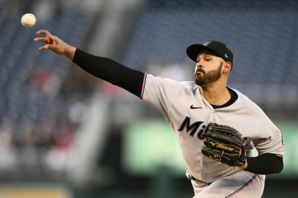 Miami Marlins starting pitcher Pablo Lopez delivers a pitch during the first inning of a baseball game against the Washington Nationals, Wednesday, April 27, 2022, in Washington. (AP Photo/Nick Wass)